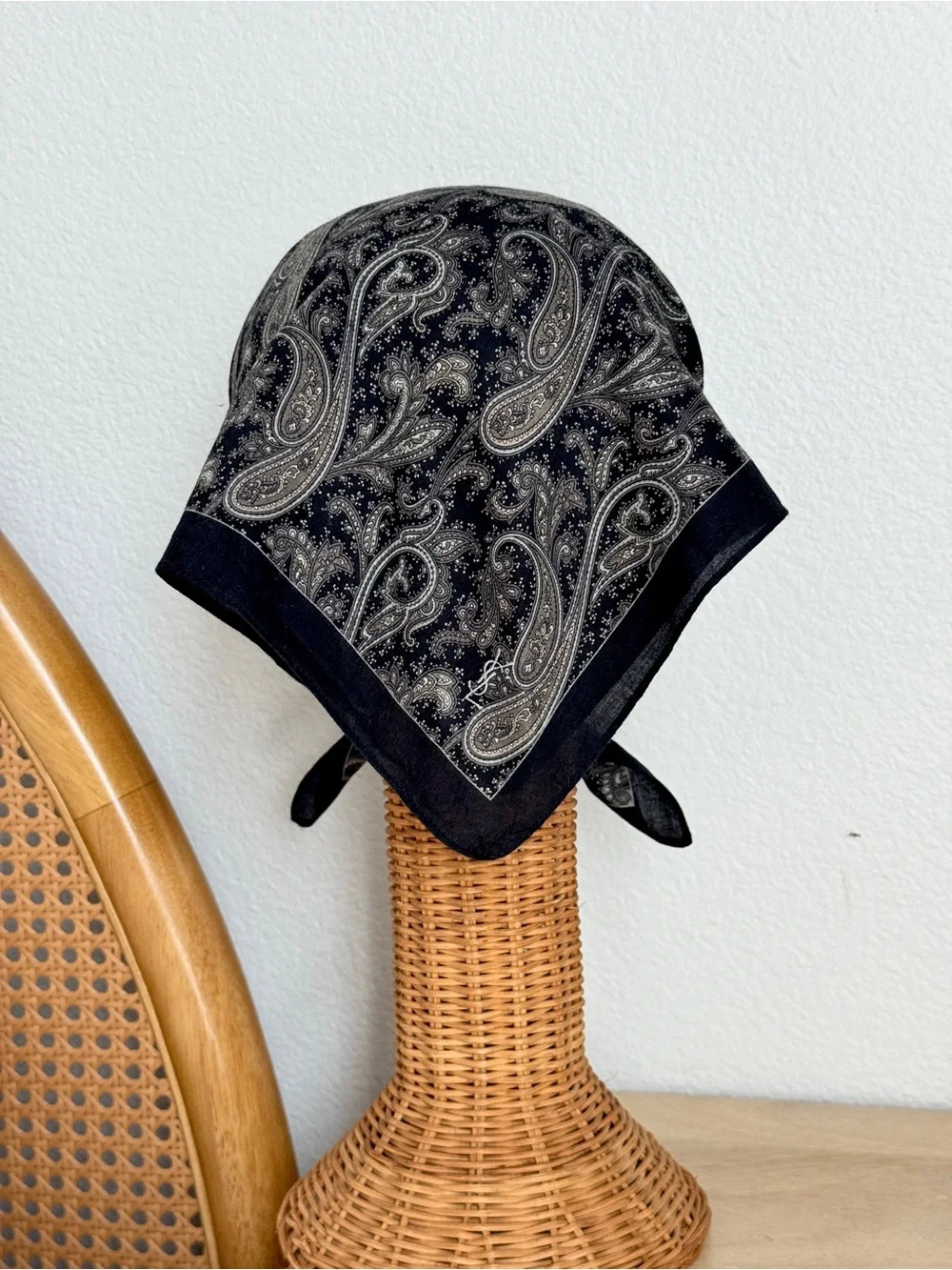 Vintage YSL Black Paisley Cotton Bandana Scarf Made in Japan - Picture 4 of 8